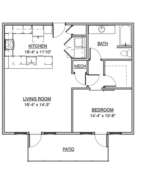 Floor plan for 1 bed, 1 bath, 865 sqft